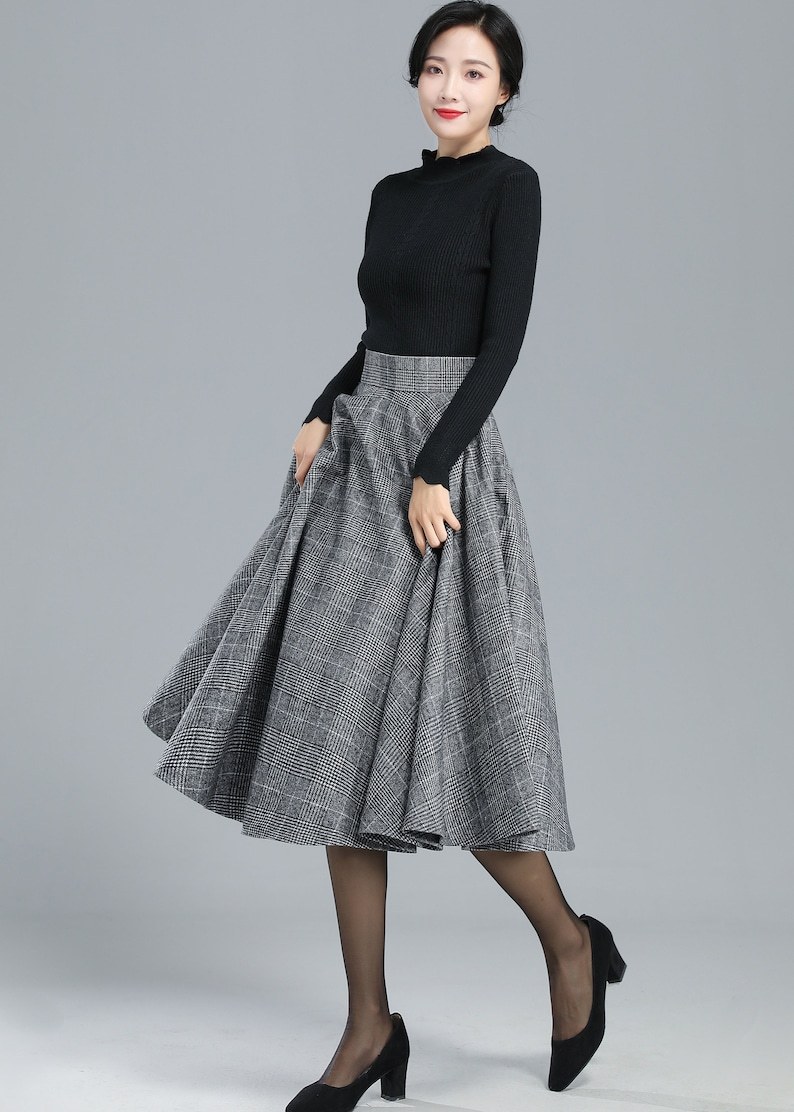 High Waist Plaid Wool Skirt Women, Full Circle Skirt, Swing Flared Skirt, Pleat A-Line Skirt, Tartan Fall Winter Midi Skirt 3245