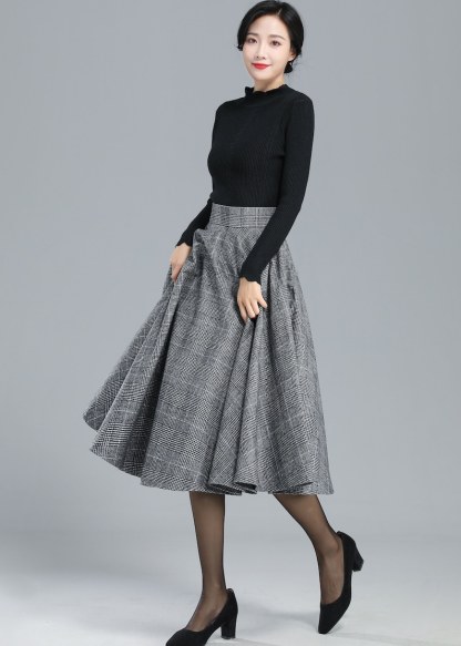 High Waist Plaid Wool Skirt Women, Full Circle Skirt, Swing Flared Skirt, Pleat A-Line Skirt, Tartan Fall Winter Midi Skirt 3245