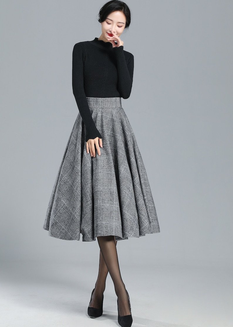 High Waist Plaid Wool Skirt Women, Full Circle Skirt, Swing Flared Skirt, Pleat A-Line Skirt, Tartan Fall Winter Midi Skirt 3245