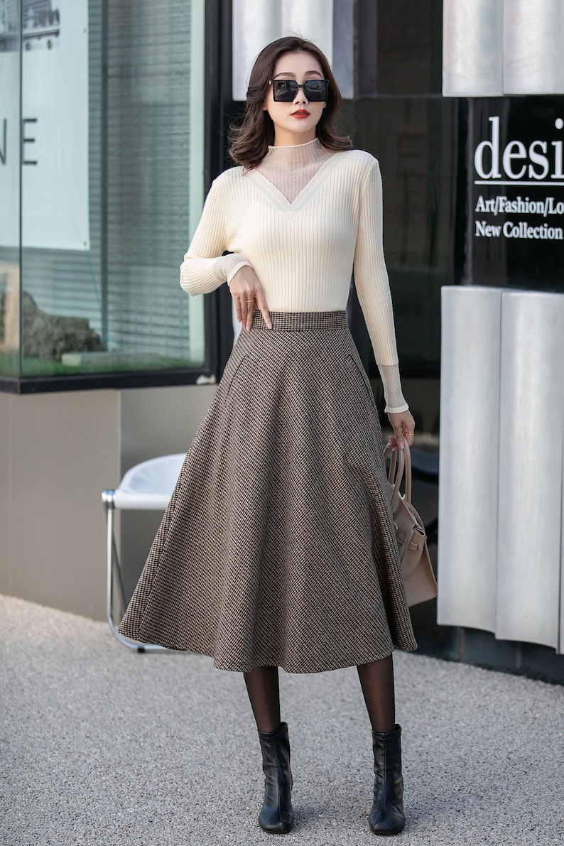 Brown Midi wool Skirt, Houndstooth Wool Skirt, High Waisted Skirt, Warm Winter Skirt, Swing Women Wool Skirt, Custom Skirt 4131