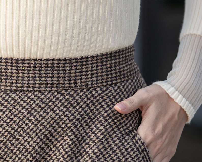 Brown Midi wool Skirt, Houndstooth Wool Skirt, High Waisted Skirt, Warm Winter Skirt, Swing Women Wool Skirt, Custom Skirt 4131