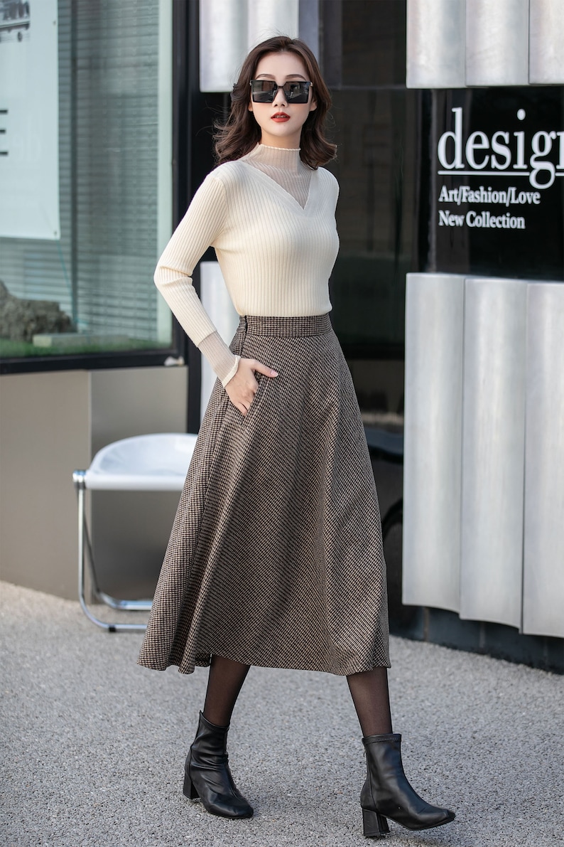 Brown Midi wool Skirt, Houndstooth Wool Skirt, High Waisted Skirt, Warm Winter Skirt, Swing Women Wool Skirt, Custom Skirt 4131