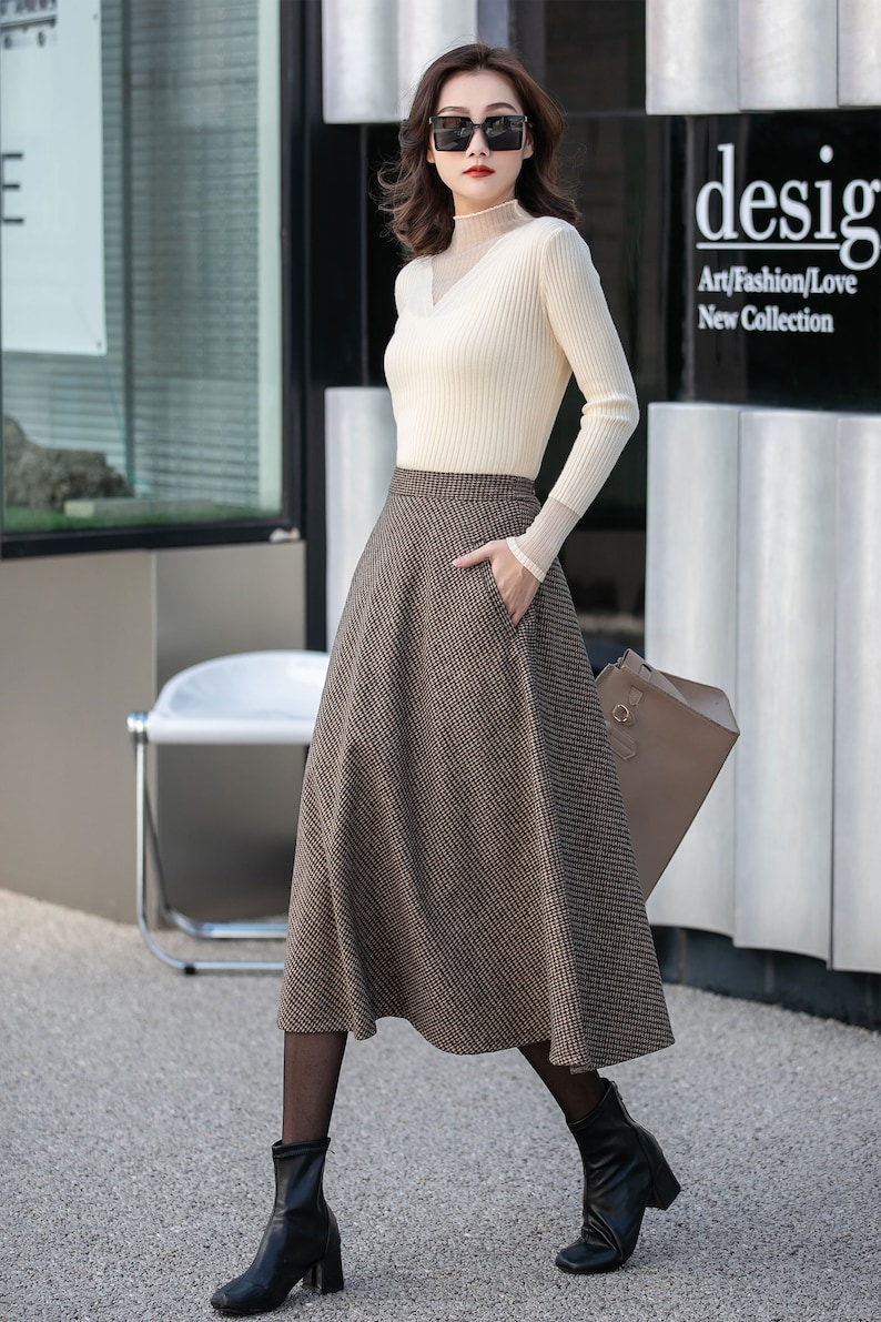 Brown Midi wool Skirt, Houndstooth Wool Skirt, High Waisted Skirt, Warm Winter Skirt, Swing Women Wool Skirt, Custom Skirt 4131