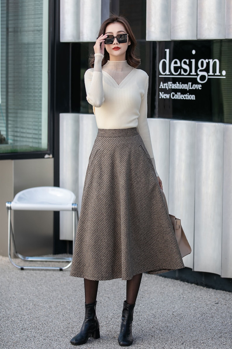 Brown Midi wool Skirt, Houndstooth Wool Skirt, High Waisted Skirt, Warm Winter Skirt, Swing Women Wool Skirt, Custom Skirt 4131