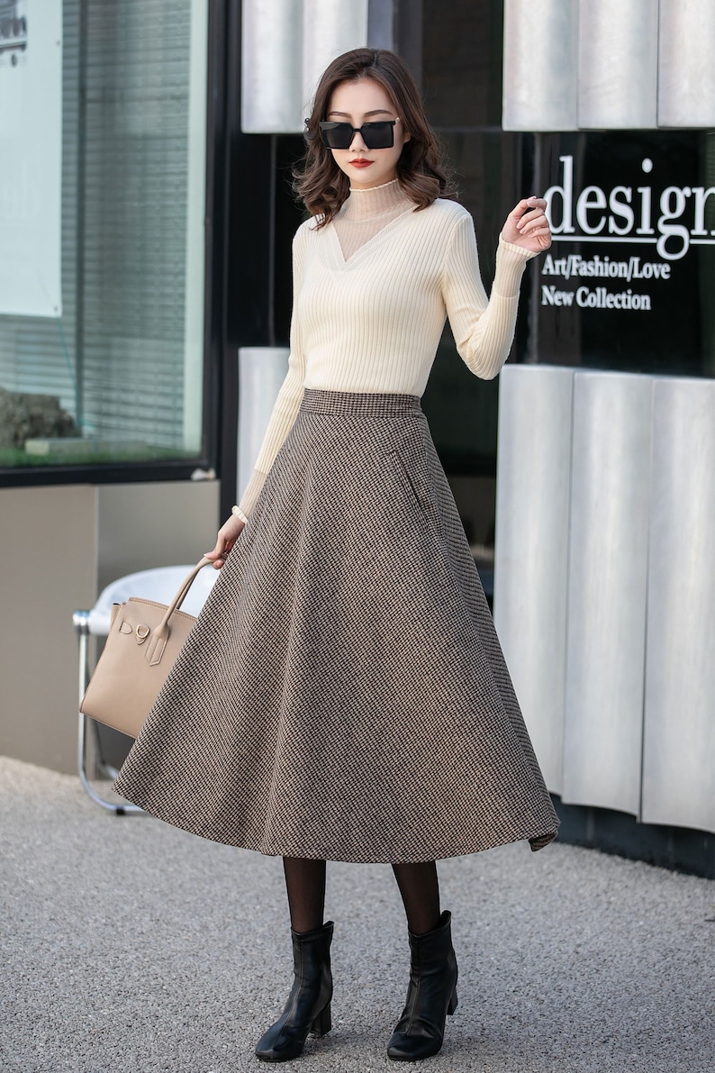 Brown Midi wool Skirt, Houndstooth Wool Skirt, High Waisted Skirt, Warm Winter Skirt, Swing Women Wool Skirt, Custom Skirt 4131