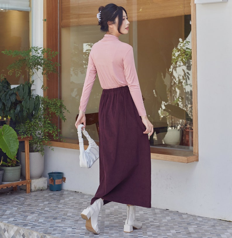 100% Cotton Corduroy Midi Skirt for Winter, Elastic Waist, Warm and Thick, Casual and Loose Long Skirt