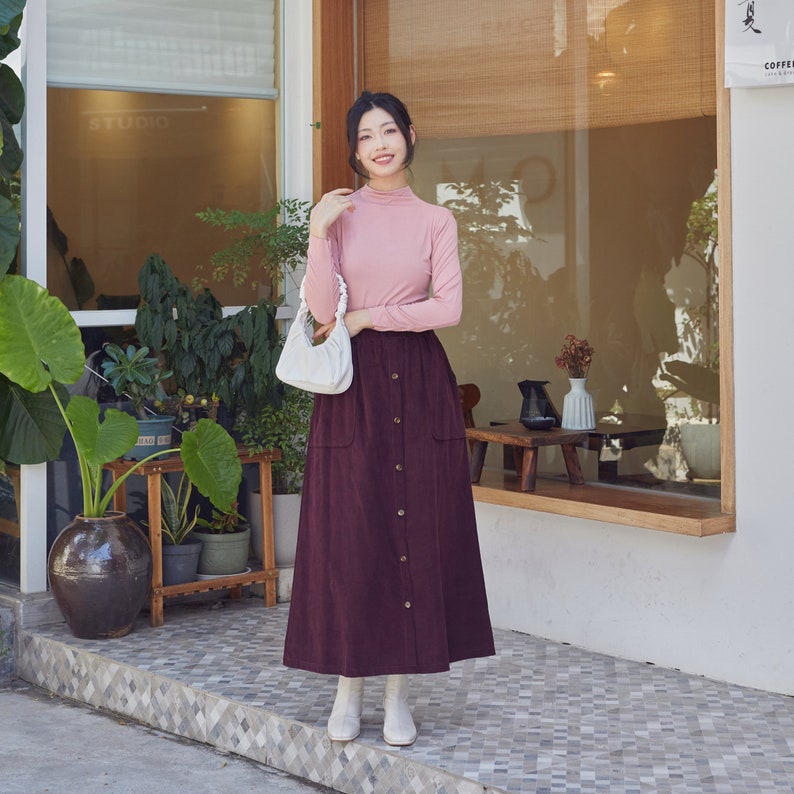 100% Cotton Corduroy Midi Skirt for Winter, Elastic Waist, Warm and Thick, Casual and Loose Long Skirt