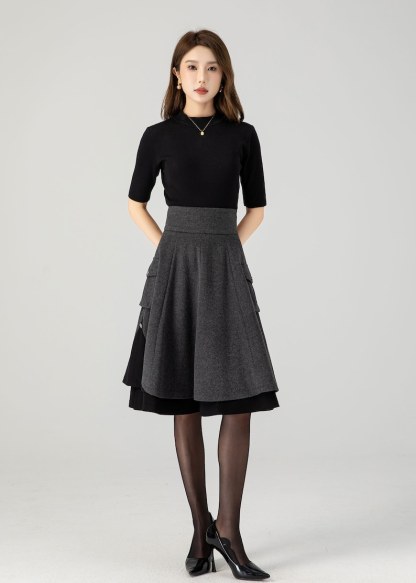 Winter Skater Wool Skirt Women, Wool Midi Skirt with Pockets, High Waist Layered Skirt, Patchwork Skirt, Wool Circle Skirt, Xiaolizi 1627