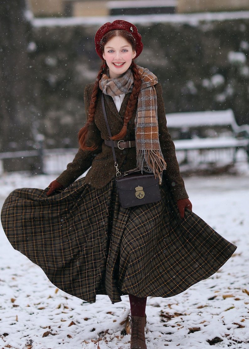 Wool skirt, Midi plaid wool skirt, Circle Wool skirt, Swing wool skirt
