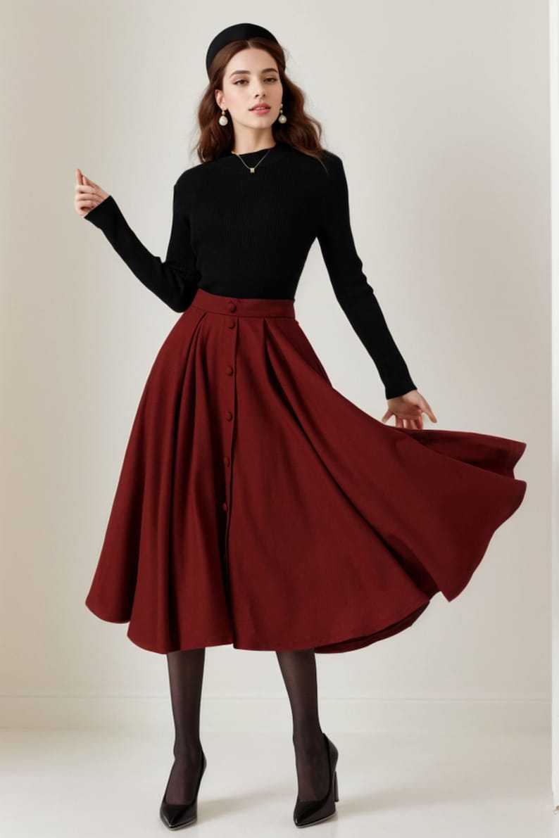 Wool skirt, Midi Wool Skirt Women, Button down skirt, Swing Skirt, Brown High Waisted wool skirt, Warm Winter Wool Skirt, Xiaolizi 5230