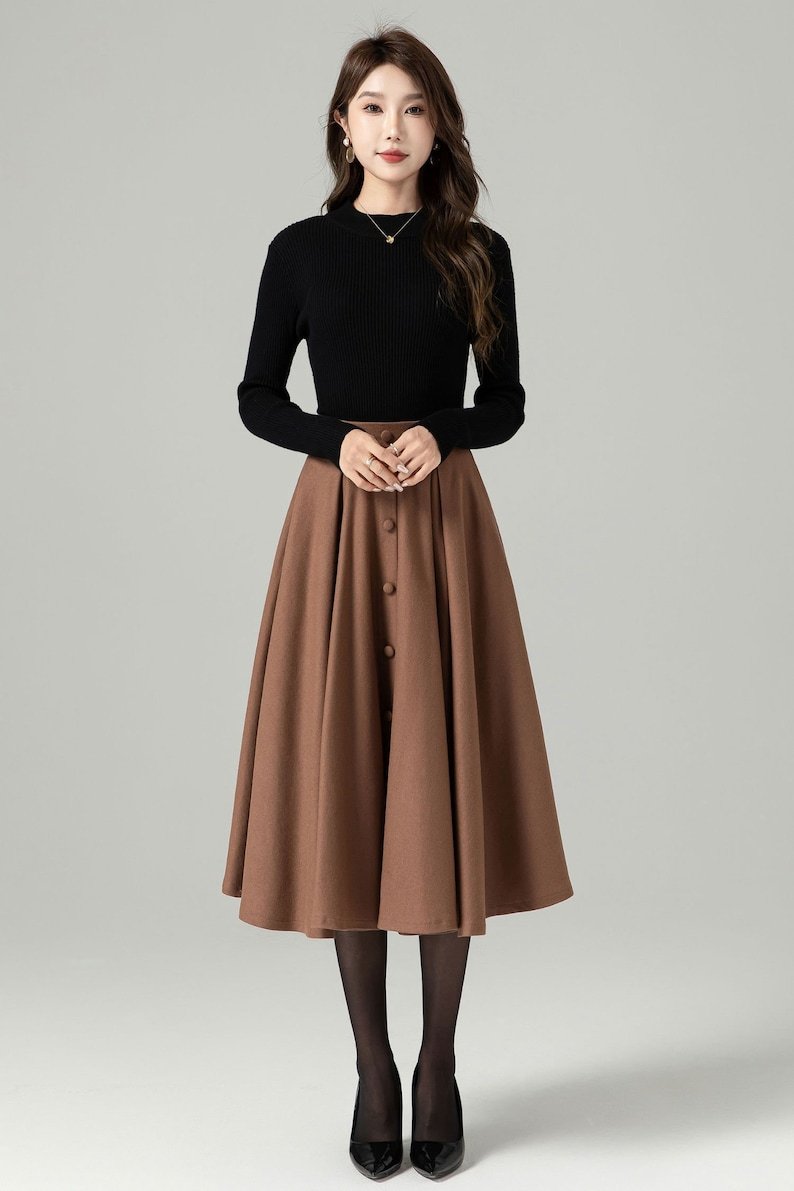Wool skirt, Midi Wool Skirt Women, Button down skirt, Swing Skirt, Brown High Waisted wool skirt, Warm Winter Wool Skirt, Xiaolizi 5230