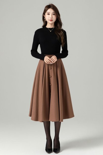 Wool skirt, Midi Wool Skirt Women, Button down skirt, Swing Skirt, Brown High Waisted wool skirt, Warm Winter Wool Skirt, Xiaolizi 5230