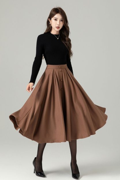 Wool skirt, Midi Wool Skirt Women, Button down skirt, Swing Skirt, Brown High Waisted wool skirt, Warm Winter Wool Skirt, Xiaolizi 5230
