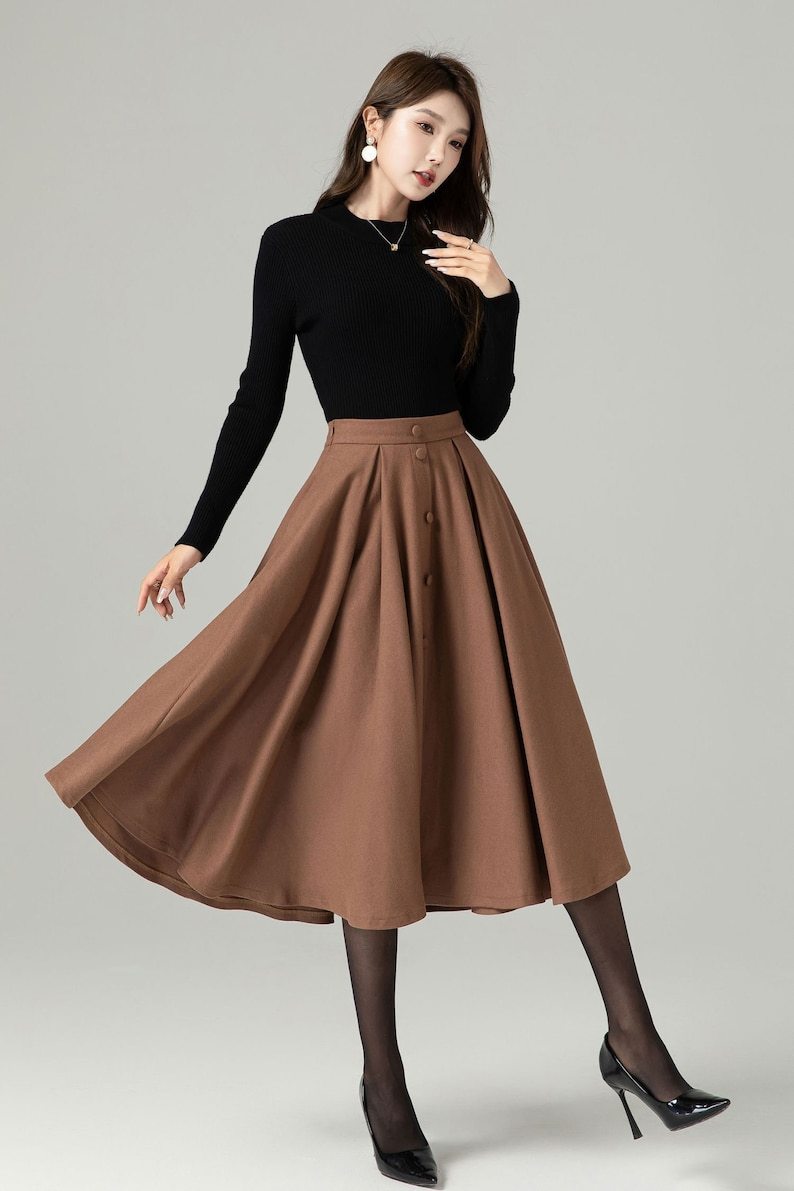 Wool skirt, Midi Wool Skirt Women, Button down skirt, Swing Skirt, Brown High Waisted wool skirt, Warm Winter Wool Skirt, Xiaolizi 5230
