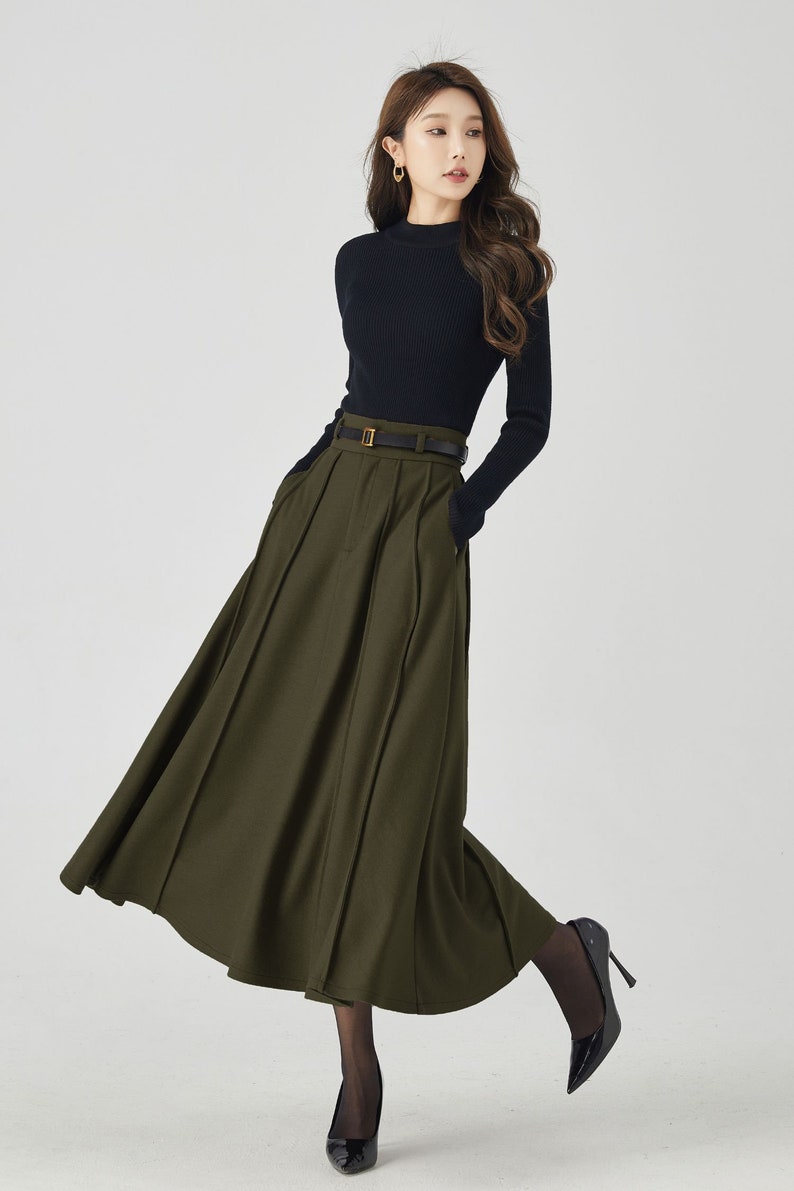 Midi Wool Skirt, Long Pleated Wool Skirt Women, Army green High Waisted Skirt, Swing Skirt, Autumn Winter Skirt, Custom Skirt 5384