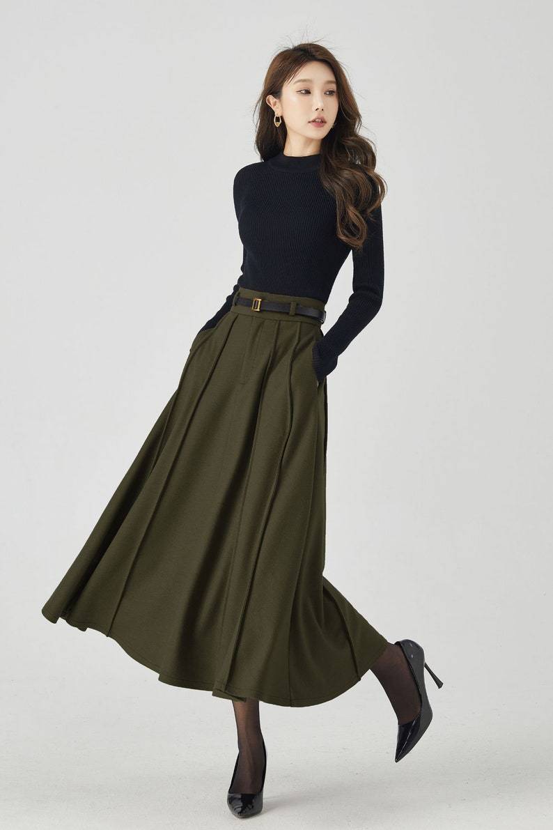 Midi Wool Skirt, Long Pleated Wool Skirt Women, Army green High Waisted Skirt, Swing Skirt, Autumn Winter Skirt, Custom Skirt 5384