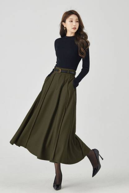 Midi Wool Skirt, Long Pleated Wool Skirt Women, Army green High Waisted Skirt, Swing Skirt, Autumn Winter Skirt, Custom Skirt 5384