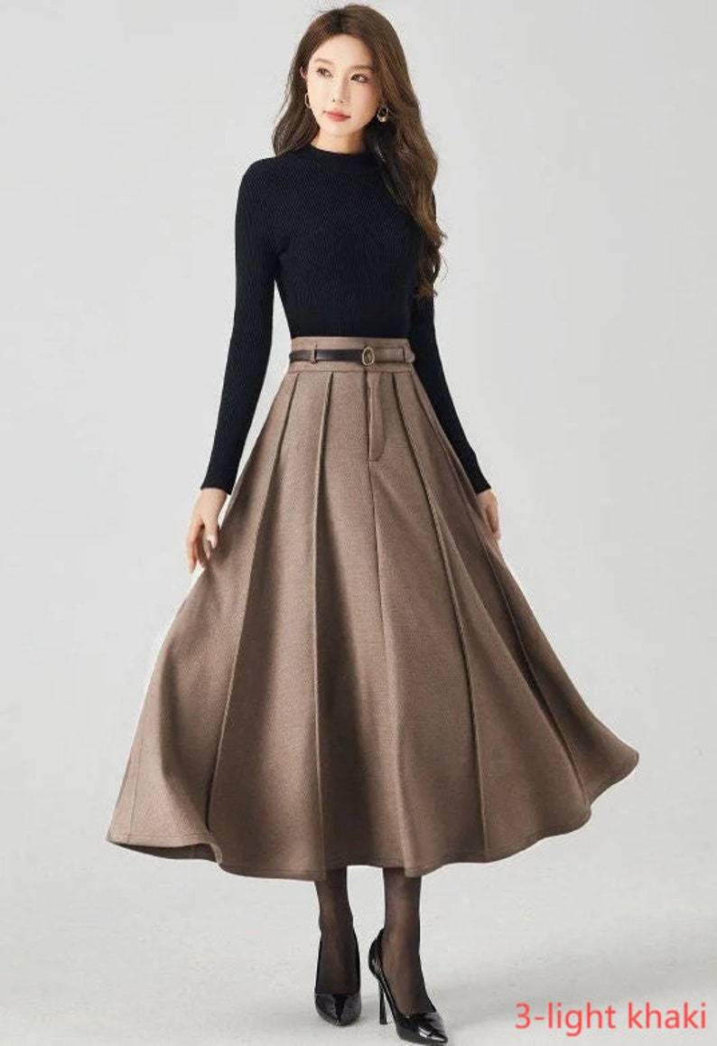 Midi Wool Skirt, Long Pleated Wool Skirt Women, Army green High Waisted Skirt, Swing Skirt, Autumn Winter Skirt, Custom Skirt 5384