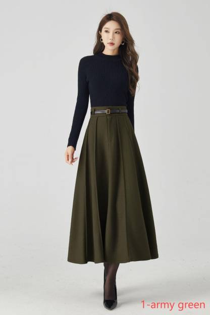 Midi Wool Skirt, Long Pleated Wool Skirt Women, Army green High Waisted Skirt, Swing Skirt, Autumn Winter Skirt, Custom Skirt 5384