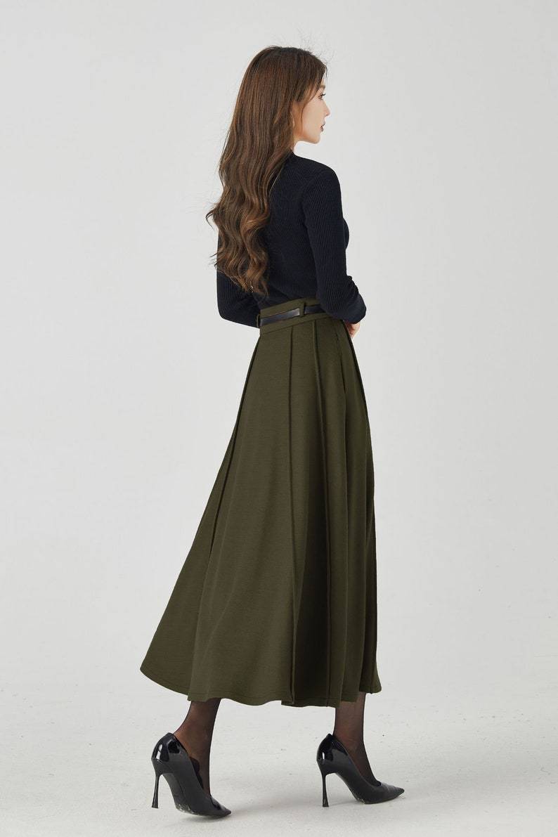 Midi Wool Skirt, Long Pleated Wool Skirt Women, Army green High Waisted Skirt, Swing Skirt, Autumn Winter Skirt, Custom Skirt 5384