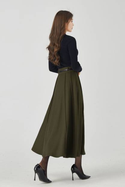 Midi Wool Skirt, Long Pleated Wool Skirt Women, Army green High Waisted Skirt, Swing Skirt, Autumn Winter Skirt, Custom Skirt 5384