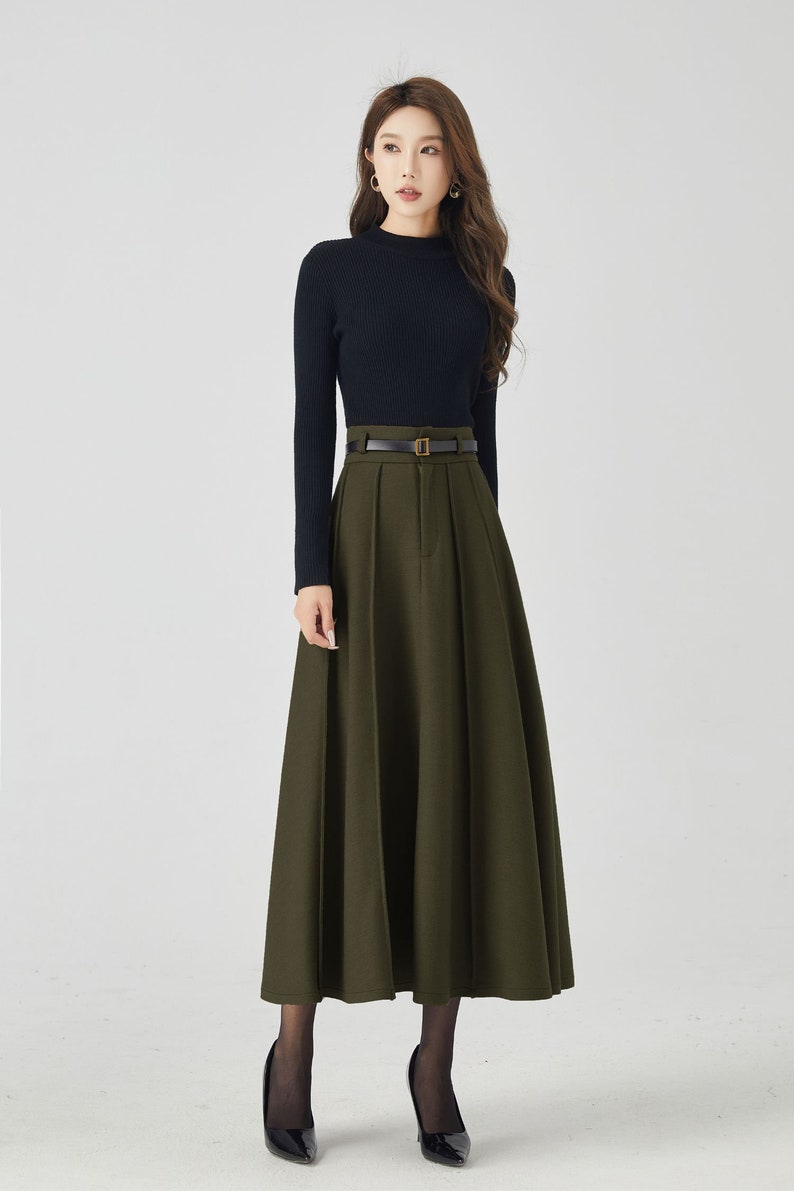 Midi Wool Skirt, Long Pleated Wool Skirt Women, Army green High Waisted Skirt, Swing Skirt, Autumn Winter Skirt, Custom Skirt 5384