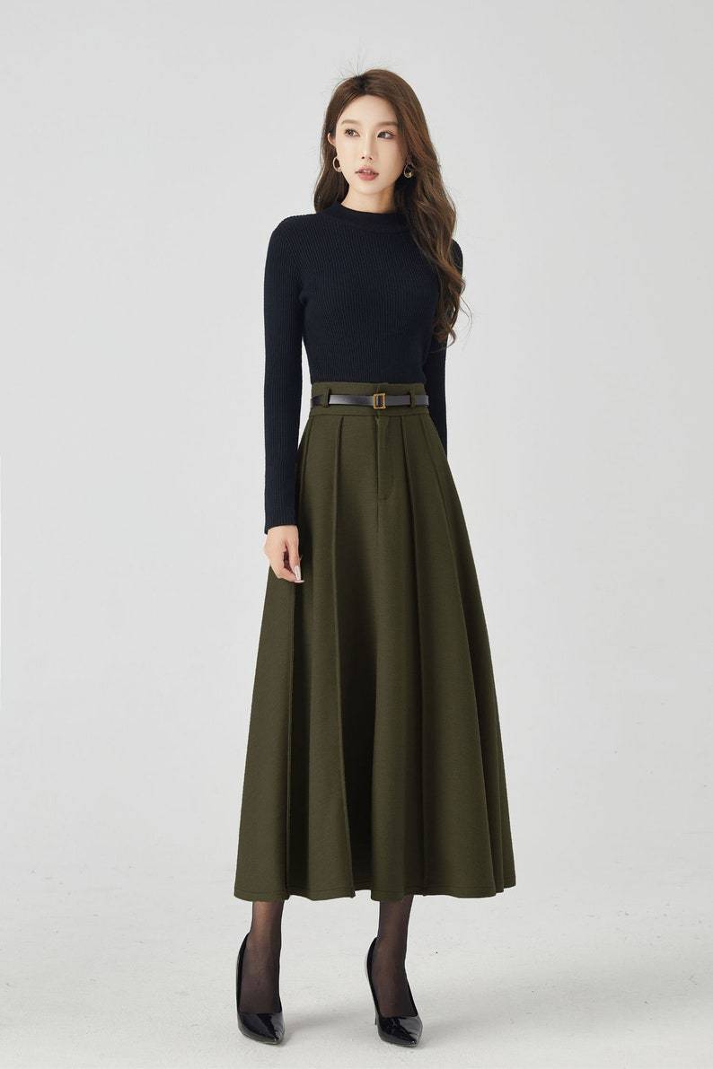 Midi Wool Skirt, Long Pleated Wool Skirt Women, Army green High Waisted Skirt, Swing Skirt, Autumn Winter Skirt, Custom Skirt 5384