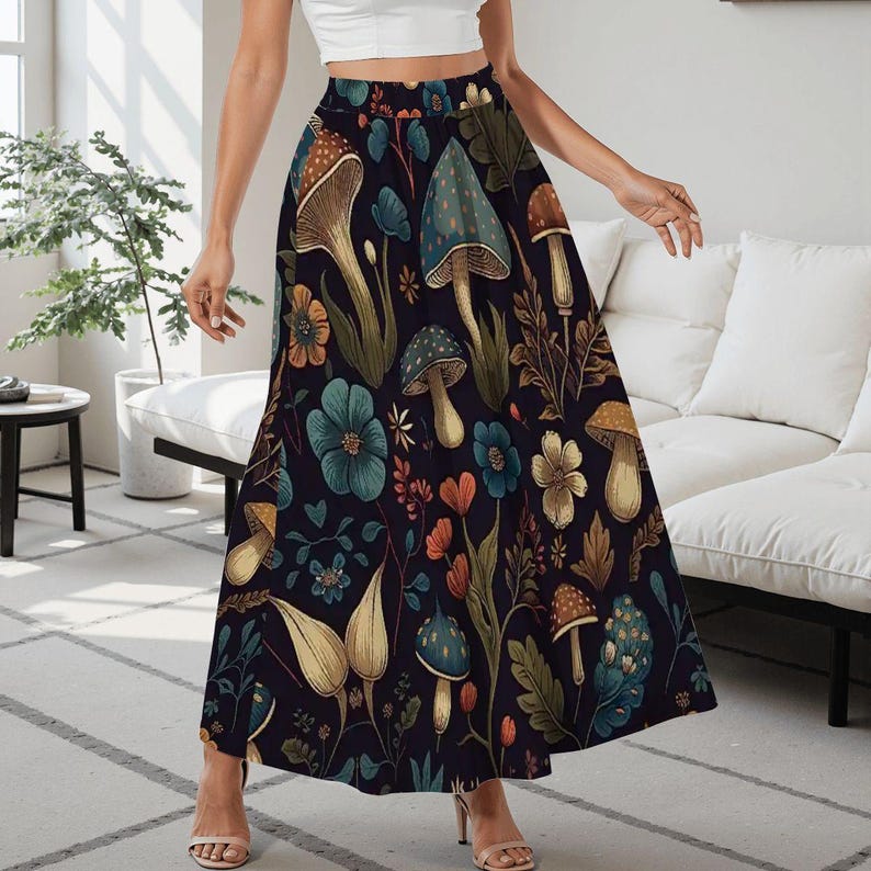 Mushroom Print Midi Skirt with Pockets: Cottagecore High-Waist Skirt