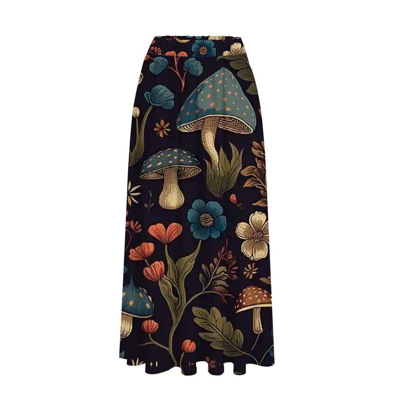 Mushroom Print Midi Skirt with Pockets: Cottagecore High-Waist Skirt