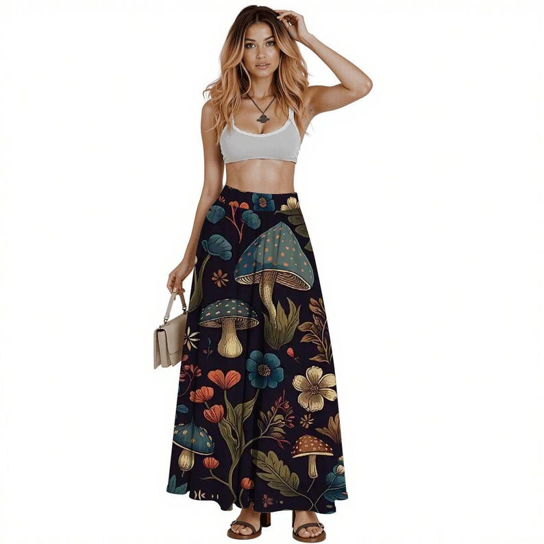 Mushroom Print Midi Skirt with Pockets: Cottagecore High-Waist Skirt