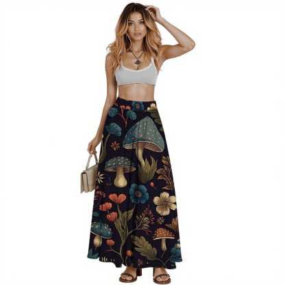Mushroom Print Midi Skirt with Pockets: Cottagecore High-Waist Skirt
