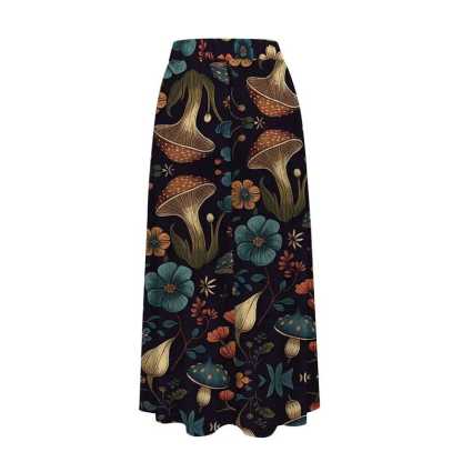 Mushroom Print Midi Skirt with Pockets: Cottagecore High-Waist Skirt