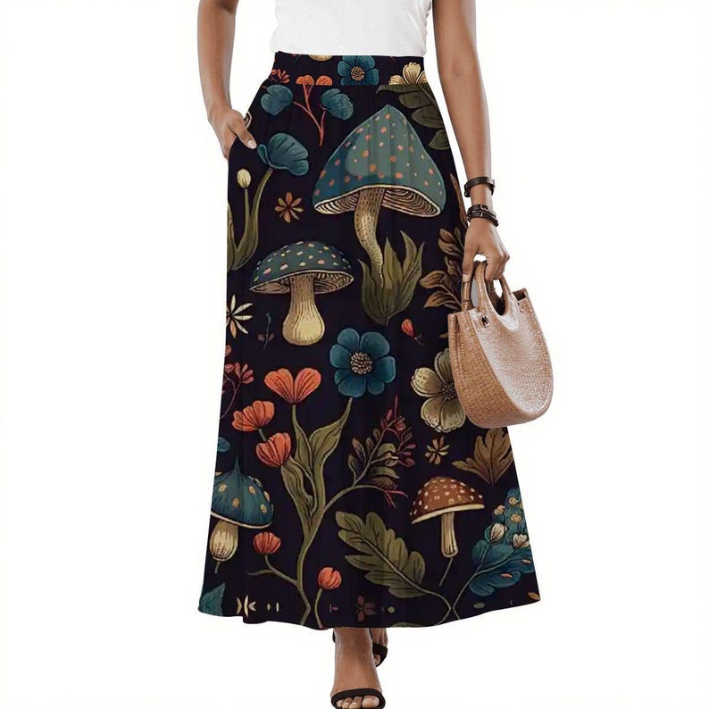 Mushroom Print Midi Skirt with Pockets: Cottagecore High-Waist Skirt