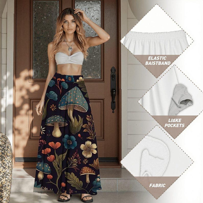 Mushroom Print Midi Skirt with Pockets: Cottagecore High-Waist Skirt