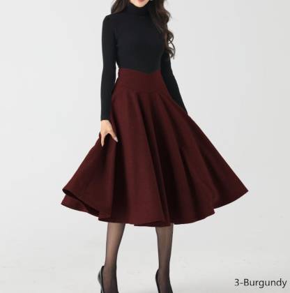 Wool Skirt, Burgundy Wool Skirt, Women Midi swing Skirt, High waisted wool skirt，Winter Circle Wool Skirt, Custom skirt 4534#