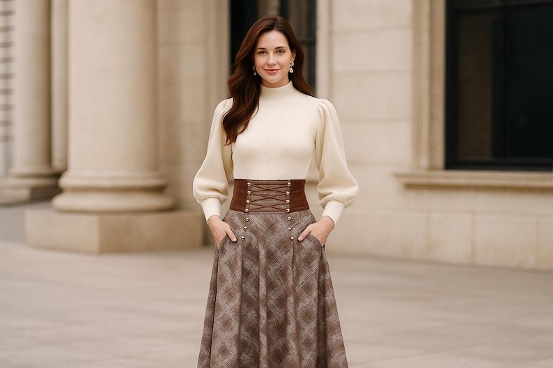 Autumn Winter Maxi Plaid Skirt, Elegant High Waist Lace Up A-Line Skirt, Cotton Skirt with Pocket, Cotton Dark Academia Long Skirt for Women