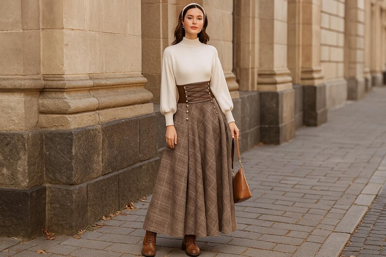 Autumn Winter Maxi Plaid Skirt, Elegant High Waist Lace Up A-Line Skirt, Cotton Skirt with Pocket, Cotton Dark Academia Long Skirt for Women