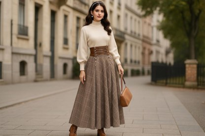 Autumn Winter Maxi Plaid Skirt, Elegant High Waist Lace Up A-Line Skirt, Cotton Skirt with Pocket, Cotton Dark Academia Long Skirt for Women