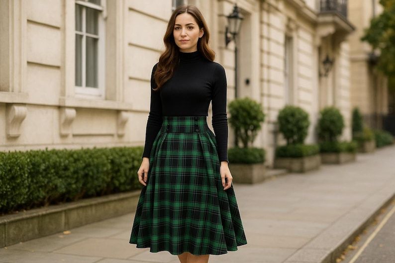 Women’s Tartan Plaid Skirt, Autumn Winter Maxi High Waist Skirt, Elega