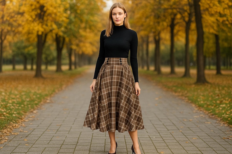 Women’s Tartan Plaid Skirt, Autumn Winter Maxi High Waist Skirt, Elegant Vintage Long Midi A-Line Skirt, Red Green Blue Yellow Tartan Skirt