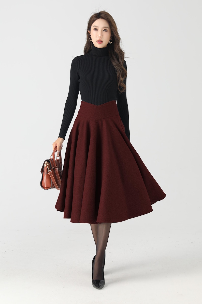 Wool Skirt, Burgundy Wool Skirt, Women Midi swing Skirt, High waisted wool skirt，Winter Circle Wool Skirt, Custom skirt 4534#