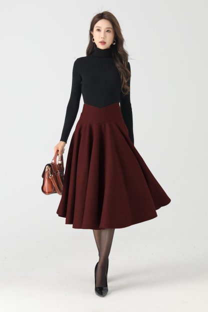 Wool Skirt, Burgundy Wool Skirt, Women Midi swing Skirt, High waisted wool skirt，Winter Circle Wool Skirt, Custom skirt 4534#