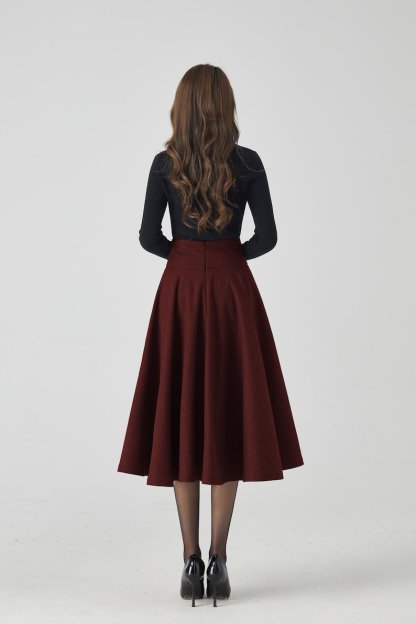 Wool Skirt, Burgundy Wool Skirt, Women Midi swing Skirt, High waisted wool skirt，Winter Circle Wool Skirt, Custom skirt 4534#