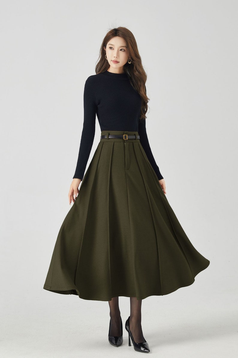 Midi Wool Skirt, Long Pleated Wool Skirt Women, Army green High Waisted Skirt, Swing Skirt, Autumn Winter Skirt, Custom Skirt 5384