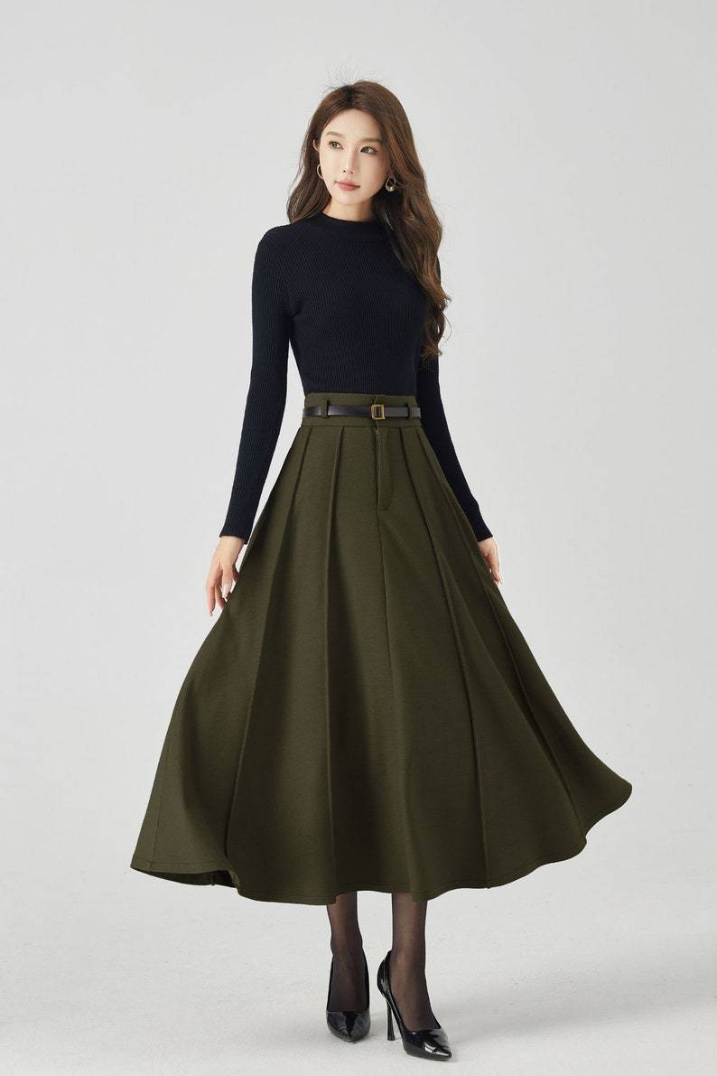 Midi Wool Skirt, Long Pleated Wool Skirt Women, Army green High Waisted Skirt, Swing Skirt, Autumn Winter Skirt, Custom Skirt 5384
