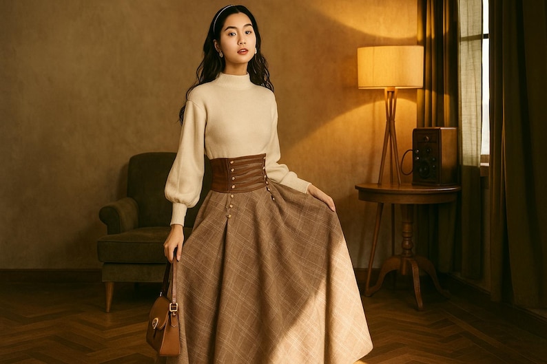 Autumn Winter Maxi Plaid Skirt, Elegant High Waist Lace Up A-Line Skirt, Cotton Skirt with Pocket, Cotton Dark Academia Long Skirt for Women