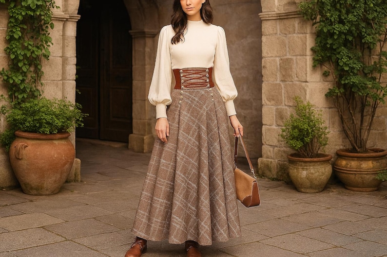 Autumn Winter Maxi Plaid Skirt, Elegant High Waist Lace Up A-Line Skirt, Cotton Skirt with Pocket, Cotton Dark Academia Long Skirt for Women
