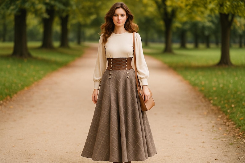 Autumn Winter Maxi Plaid Skirt, Elegant High Waist Lace Up A-Line Skirt, Cotton Skirt with Pocket, Cotton Dark Academia Long Skirt for Women