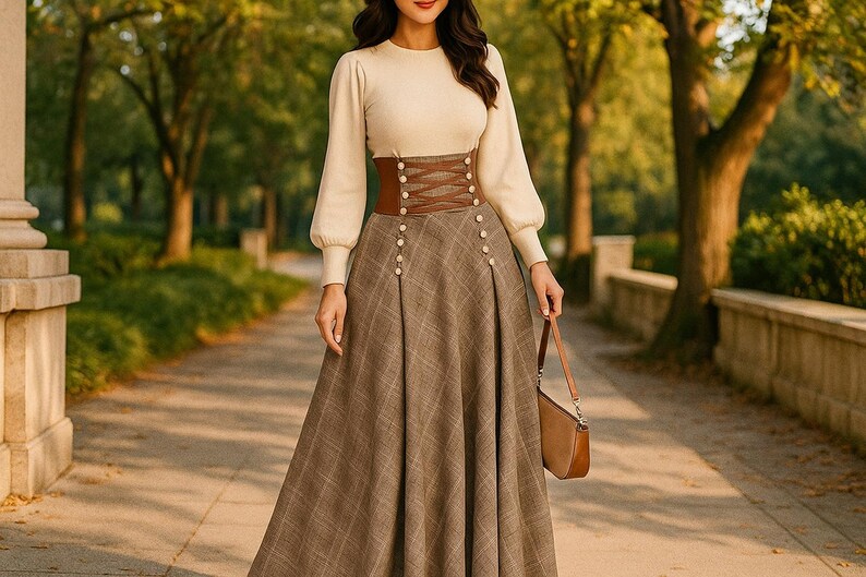 Autumn Winter Maxi Plaid Skirt, Elegant High Waist Lace Up A-Line Skirt, Cotton Skirt with Pocket, Cotton Dark Academia Long Skirt for Women