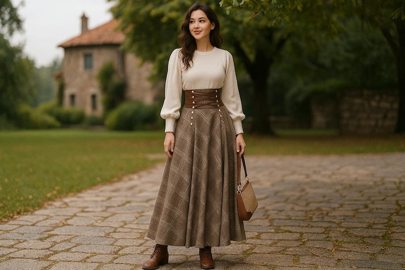 Autumn Winter Maxi Plaid Skirt, Elegant High Waist Lace Up A-Line Skirt, Cotton Skirt with Pocket, Cotton Dark Academia Long Skirt for Women